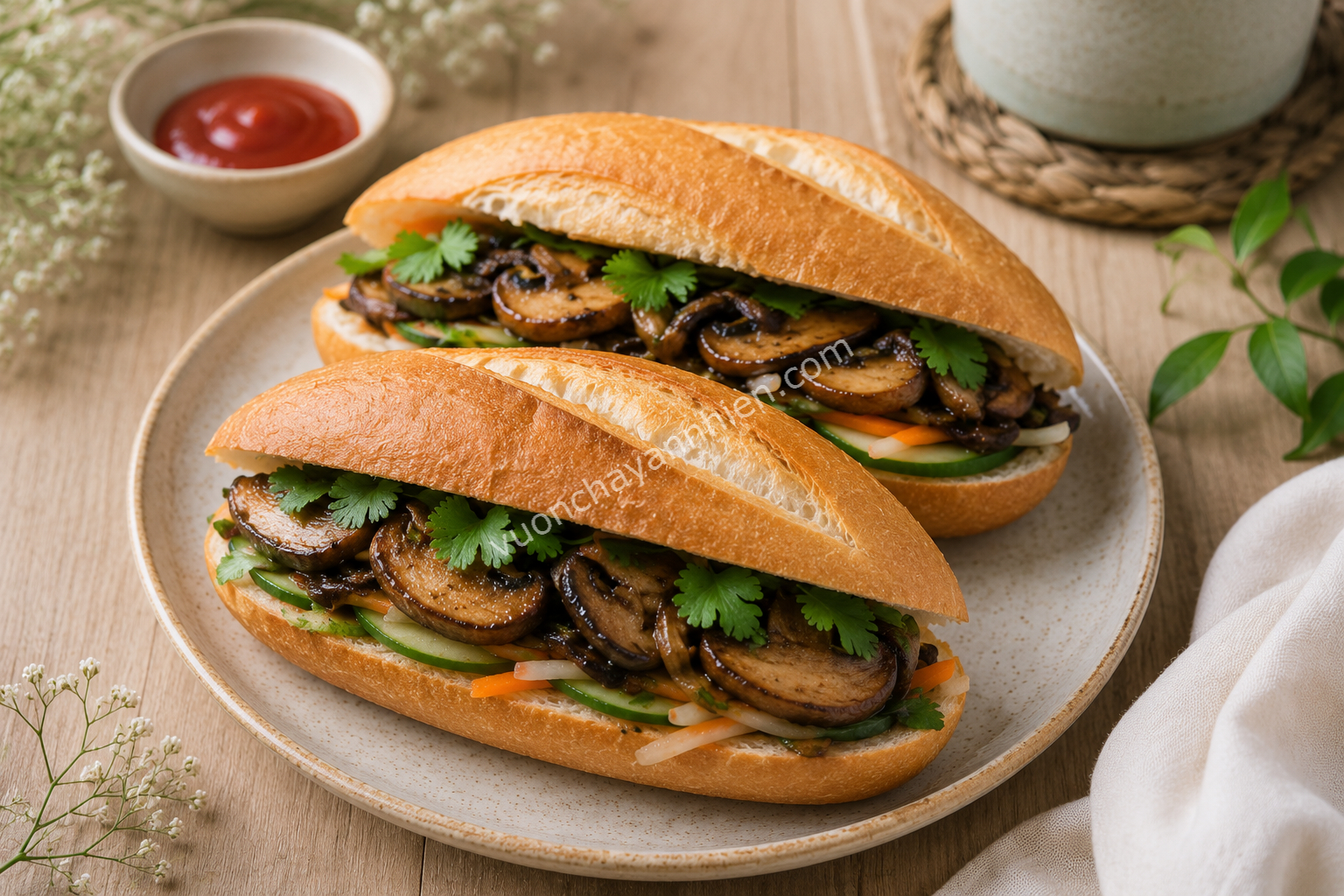 Bánh Mì Kẹp Nấm Nướng Chay
