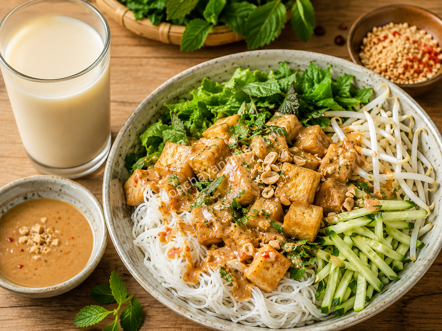Bún trộn chay sốt đậu phộng — bữa trưa 20 phút